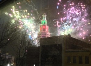 The New Year's Eve view from my 3rd floor windows. Fireworks over the Electric Tower in downtown Buffalo.