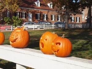 Setting up pumpkins in Old Salem's historic town square for the big Halloween pumpkin festival.
