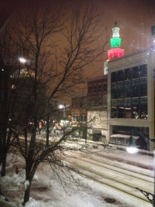 The night time view out my window in downtown Buffalo. Goldome Bank to the Left, the Electric Tower to the right.