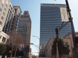 This corner in downtown Winston-Salem has a 1929 third scale version of the Empire State Building in the vacant Reynolds Tower, a 1966 curtain wall office tower and an also vacant classical courthouse.  Both the 1966 skyscraper and courthouse are listed in the National Register.