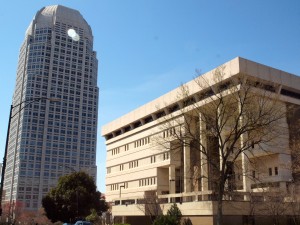 Cesar Pelli's 34-story 1995 tower overlooks Winston-Salem's city hall whose design was based on the much-maligned Boston City Hall.  Boston hates their city hall, Winston-Salem loves theirs.