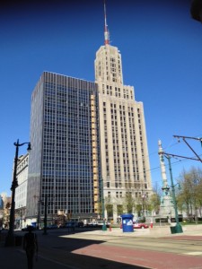 The Tishman Building, on the left, designed by Emery Roth in 1959, is being converted into a Hilton Garden Inn, using energy efficient technique.  The Rand Building to the right is still in use as an office building.  