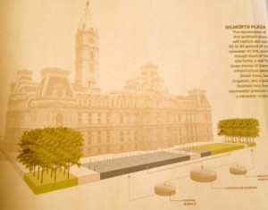 Dilworth Plaza at Philadelphia City Hall is being remade with green infrastructure to mitigate the city's combined sewer problem. Image courtesy Greensource Magazine.