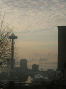 The Space Needle from my living room window in the Queen Anne High School Apartments. A more glorious view could not be imagined, even when it's foggy or cloudy!