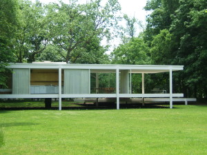 The Farnsworth House in Plano, IL, designed by Ludwig Mies van de Rohe and opened in 1951, has one operable hopper window and one door on opposite ends of one another.