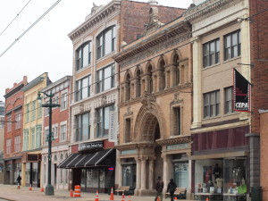 The 600 Block of Main Street which includes the historic Market Arcade (with the arched entry in the center) and the Market Arcade Cinemas, a block from my loft.